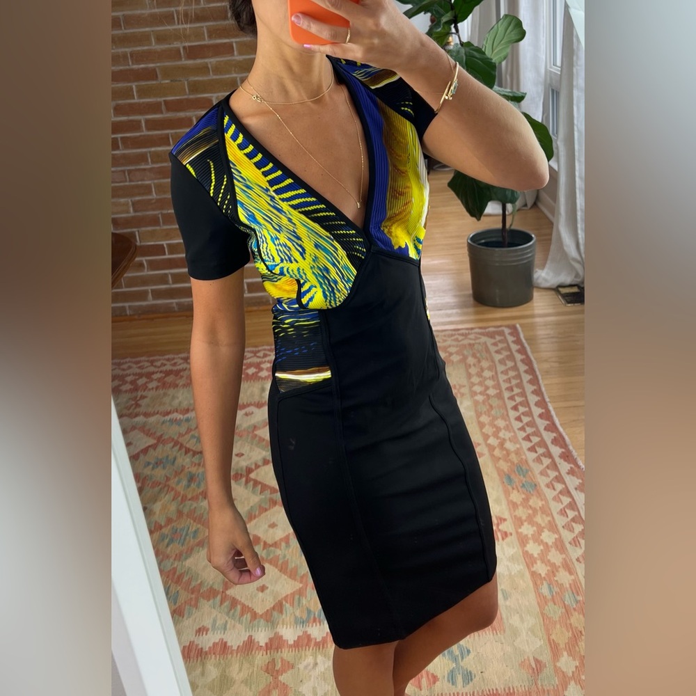 Roberto Cavalli Black Mini Dress with Yellow & Blue Print